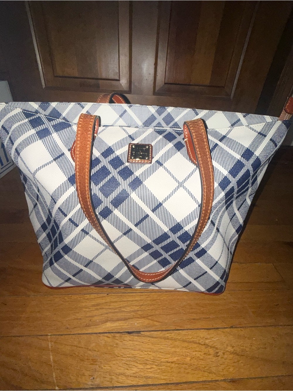 Dooney & Bourke Navy and White Plaid Tote with Tan Trim